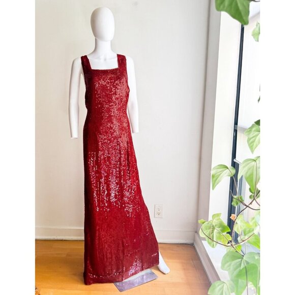 Joseph Ribkoff Gala Red Dequion Low Plunge Open Back Bia Cut Gown M - Picture 2 of 12